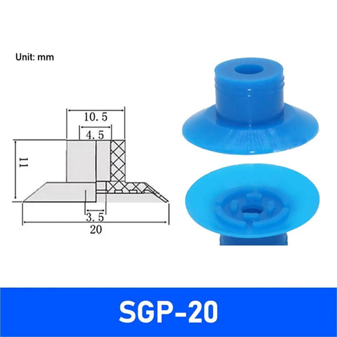 7 Piece Industrial Manipulator Vacuum Sucker Set For Bag Opening SGP-20 pneumatic gripper shown with dimensions, durable blue design.