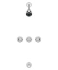 Three Handle Tub And Shower Faucet With Metal Verve Knob Handles In Polished Chrome For A Slick Bath Upgrade Includes 5 Hole Installation Valve And Cartridge Shower Arm And Flange CALGreen And CEC Water Saving visible in a complete set view focusing on shower head, handles, and spout