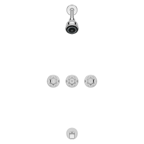 Three Handle Tub And Shower Faucet With Metal Verve Knob Handles In Polished Chrome For A Slick Bath Upgrade Includes 5 Hole Installation Valve And Cartridge Shower Arm And Flange CALGreen And CEC Water Saving visible in a complete set view focusing on shower head, handles, and spout