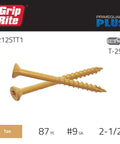 PrimeGuard Plus Wood To Wood Deck Screw Tan Two And One Half Inch Self Starting Type 17 Point Six Sided Star Drive Bugle Head Exterior Weather Resistant 1 Pound Box displayed on packaging.