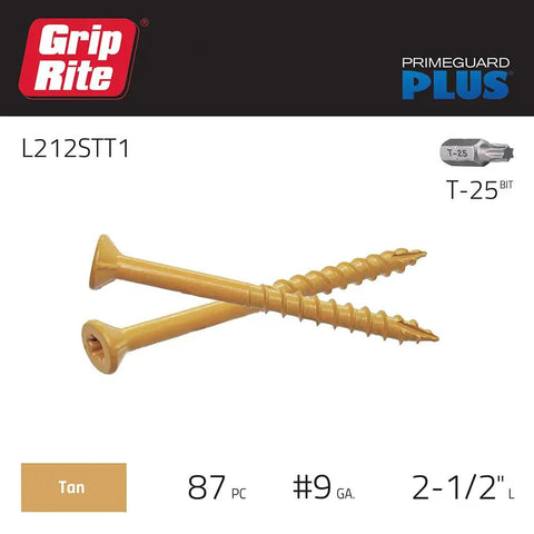 PrimeGuard Plus Wood To Wood Deck Screw Tan Two And One Half Inch Self Starting Type 17 Point Six Sided Star Drive Bugle Head Exterior Weather Resistant 1 Pound Box displayed on packaging.