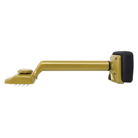 Side view of Workhorse Carpet Knee Kicker with extra wide head and high contour neck, yellow, featuring one-button adjustment, 2-inch bumper pad.