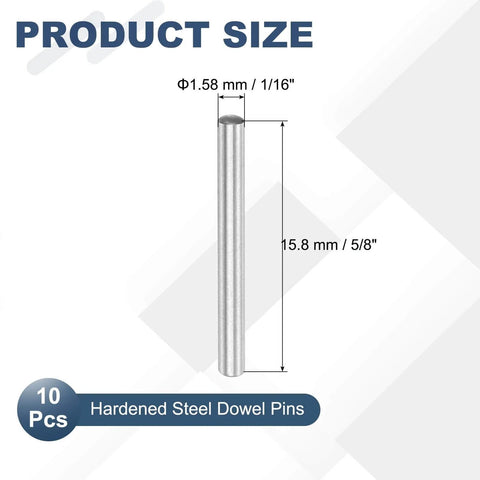 Diagram showing measurements of Ten Pack Carbon Steel Dowel Pins One Sixteenth By Five Eighths Inch Super Sturdy Oil Coated Round Pins.