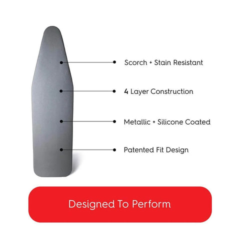 Premium Ironing Board Cover 19 X 49 Inches Made In Italy with 4 Layer Padding and Scorch Stain Resistant features shown