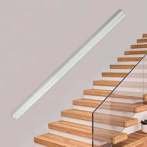 Solid Pine Wood Wall Mount Grab Bar, Tough As Nails Non Slip Staircase Handrail, 3 Ft Length on a stylish staircase.