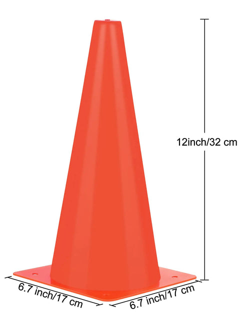 24 Piece 12 Inch Traffic Cone Set, Plastic Construction Safety Cones For Parking Lot with dimensions shown, in orange