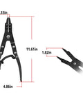 Ford Super Duty Spindle Snap Ring Pliers 2007 And Newer with smooth ratcheting mechanism, showing size measurements and angled jaws.