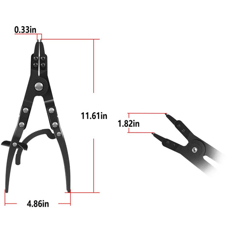 Ford Super Duty Spindle Snap Ring Pliers 2007 And Newer with smooth ratcheting mechanism, showing size measurements and angled jaws.