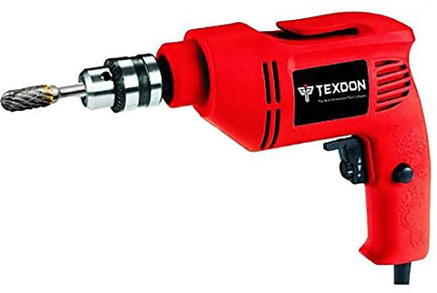 Electric drill with Ten Piece Pro Grade Tungsten Carbide Double Cut Rotary Burr Set attached for metalwork projects.
