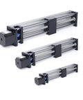 Three variations of 100 200 300 Millimeter Linear Axis Actuator With 100 Millimeter Stroke, 24V Ball Screw Guide Sliding Table, NEMA 23 Stepper Motor 0.9Nm Torque, 4mm Lead, Beefy Precision Motion System for CNC and Automation.