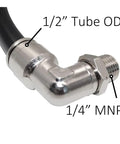 Extended Tank Drain Assembly Kit With Quarter NPT Elbow, showing nickel plated copper elbow and 1/2 inch tubing OD