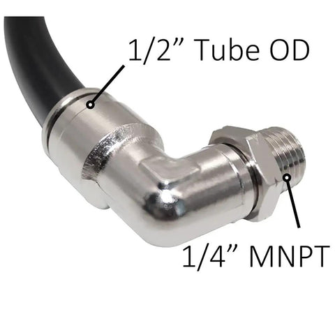 Extended Tank Drain Assembly Kit With Quarter NPT Elbow, showing nickel plated copper elbow and 1/2 inch tubing OD