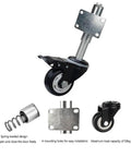Built Tough 2 Point 5 Inch Spring Loaded Door Caster Wheel With Self Retracting Arm And Four Bolt Mounting Plate For Heavy Load Garden Doors, showing parts and installation features.