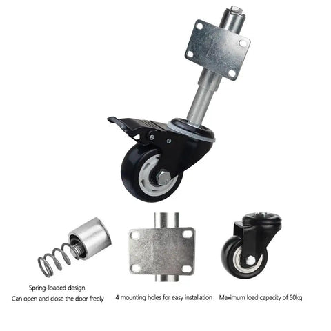 Built Tough 2 Point 5 Inch Spring Loaded Door Caster Wheel With Self Retracting Arm And Four Bolt Mounting Plate For Heavy Load Garden Doors, showing parts and installation features.