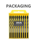 Front view of yellow JDD 10-piece carbide tile drill bit set with 1/4-inch shanks in case