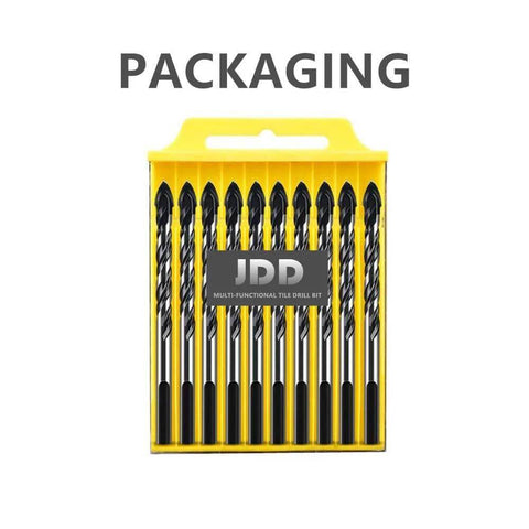 Front view of yellow JDD 10-piece carbide tile drill bit set with 1/4-inch shanks in case