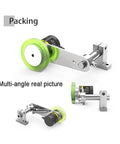 Measuring Wheel, Fixed Installation Bracket shown from multiple angles with green and silver materials for secure encoder mounting.