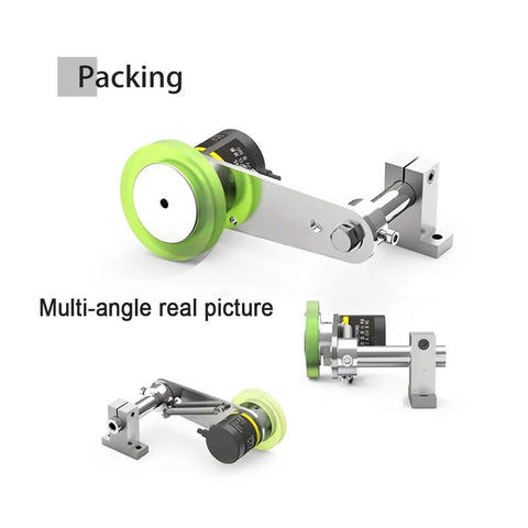 Measuring Wheel, Fixed Installation Bracket shown from multiple angles with green and silver materials for secure encoder mounting.