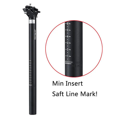 Dope Universal Mountain Bike Seat Post 27.2mm 30.9mm 31.6mm 400mm Aluminum 6061 T6 with height markings and close-up detail