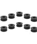 Complete Rubber Grommet Kit For Motorcycle Fairings, 10 Flexible Grommets That Fit Upper Middle Lower And Tail Cowls, Premium Rubber For A Snug Vibration Free Install On Sport Bikes And Many Models. 10 black rubber grommets on white background
