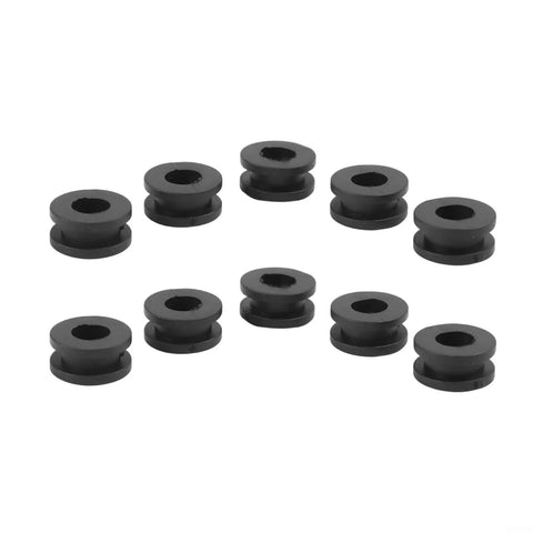 Complete Rubber Grommet Kit For Motorcycle Fairings, 10 Flexible Grommets That Fit Upper Middle Lower And Tail Cowls, Premium Rubber For A Snug Vibration Free Install On Sport Bikes And Many Models. 10 black rubber grommets on white background