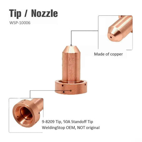 Image of a copper plasma cutter nozzle tip for WSP machines, part number 9-8209, included in the Super Cool 21 Piece Plasma Cutter Consumable Kit.