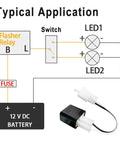 Universal 2 Pin LED Flasher Relay For 12V Vehicles Plug And Play Waterproof And Durable Works With LED And Standard Bulbs Adjustable Flash Rate From 50 To 200 Times Per Minute Super Easy Install. Wiring diagram and 12V relay with plug