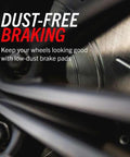 PowerStop rear carbon-ceramic brake pads kit; close-up of brake rotor behind wheel spokes