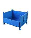 Built Like A Tank Heavy Duty Steel Storage Cage With Collapsible Stackable Design For Warehouse And Workshop Parts Handling Delivers Top Shelf Space Saving Convenience For Auto Crews, blue steel cage with collapsible sides.