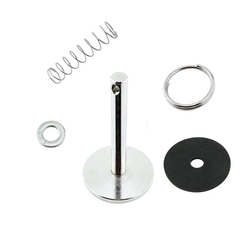 Hatch pull handle kit in marine-grade stainless steel with base, spring, washer, gasket; 1/4 in dia, 2 in long.