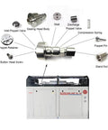 Exploded view of waterjet valve assembly with seals, springs, and spare parts beside a Screamline SL-VI machine