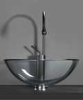 SDVantage Round Tempered Glass Vessel Sink Set for Bathroom Countertop, Above Counter Basin Bowl with chrome faucet, gray glass.