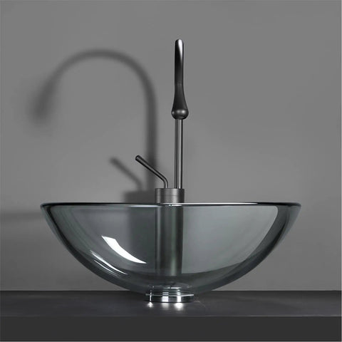 SDVantage Round Tempered Glass Vessel Sink Set for Bathroom Countertop, Above Counter Basin Bowl with chrome faucet, gray glass.