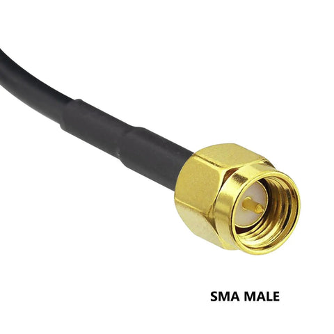 Image of SMA male connector on a black RG174 cable, compatible with the Real Game Changer High Gain Cellular Booster Antenna.