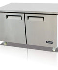 Straight Up 60 Inch Under Counter And Work Top Freezer With Dope Stainless Steel Finish shown front view with handles.