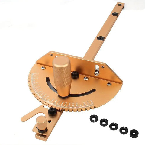 Heavy Duty Aluminum Table Saw Miter Gauge Decked Out With Laser Marked Rulers And Rock Solid Stops, angled view showing adjustment knob and markings.