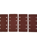 Heavy Duty AluSmallum Oxide Sanding Sheets With Punched Hook And Loop Design Come In A Pack Of 20 Assorted Grits For Smooth Woodworking And DIY Finishing Jobs That Really Pop, showing four red sandpaper sheets with holes.