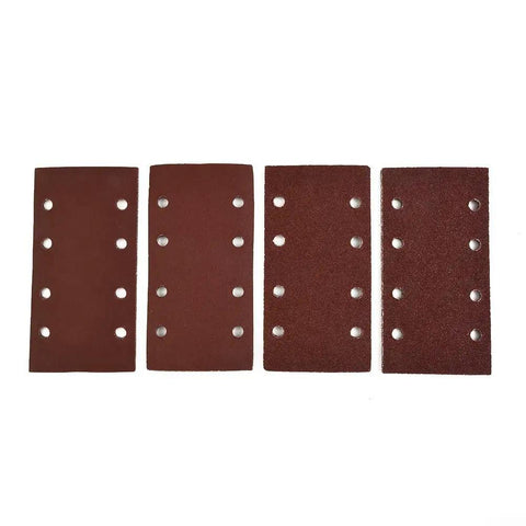 Heavy Duty AluSmallum Oxide Sanding Sheets With Punched Hook And Loop Design Come In A Pack Of 20 Assorted Grits For Smooth Woodworking And DIY Finishing Jobs That Really Pop, showing four red sandpaper sheets with holes.
