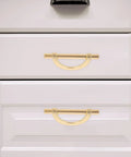 Six Piece Zinc Alloy Half Round Cabinet Pulls With Gold Brushed Finish For Kitchen Cabinets Dressers And Furniture Doors 96mm Center To Center Hardware Sleek Luxury Drawer Handles on white drawers