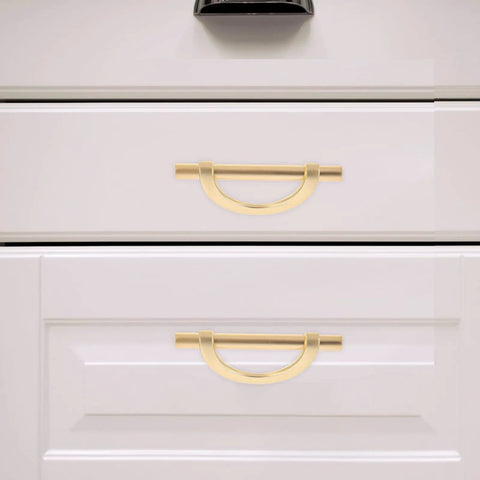 Six Piece Zinc Alloy Half Round Cabinet Pulls With Gold Brushed Finish For Kitchen Cabinets Dressers And Furniture Doors 96mm Center To Center Hardware Sleek Luxury Drawer Handles on white drawers