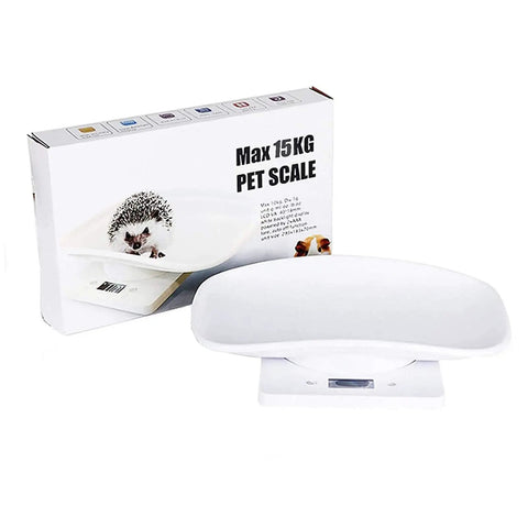 Newborn Pet Weight Scale With 12 By 8 Inch Tray And Tape Measure showcased with packaging, white kitchen style design.