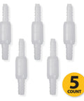 Front view of five white Oxyllow swivel oxygen tubing connectors with barbed ends.
