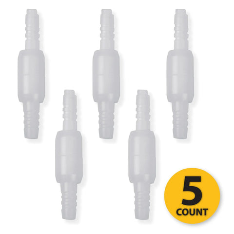 Front view of five white Oxyllow swivel oxygen tubing connectors with barbed ends.