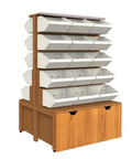 Heavy Duty Metal Shelving Unit Featuring Double Sided Wood Finish Storage Rack with white bins and wooden base for organizing spaces.