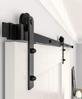 Sliding Barn Door Hardware Kit With I Shape Antique Rollers And Straight Track In Black Frosted Finish Supports Single Wood Doors Up To 105kg Track Lengths 4 5 6 8 10 12 13 15 16 Feet Includes 2 Hangers 2 Stoppers And Long Screws side view