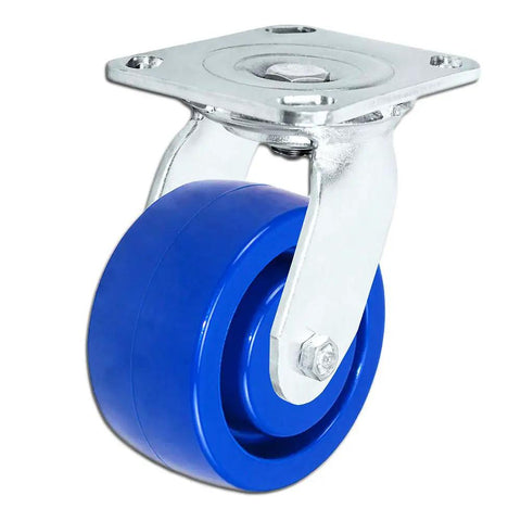 Heavy Duty Stainless Steel Caster Set Four Pack With 5 Inch By 2 Inch Blue Solid Poly Wheel Two Locking Brakes And Two Non Brake Casters 4000 Pounds Total Capacity Anti Rust 304 Stainless For Industrial Carts And Workbenches, showing a single blue wheel with metal swivel.