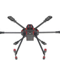 Top view of 650mm Folding Carbon Fiber FPV Drone Frame Kit with six foldable arms, landing gear skid, 3K pure carbon tubes, CNC machined
