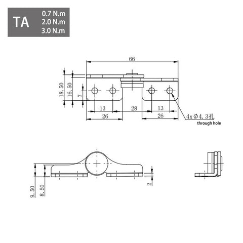Flozari 304 stainless steel rotary shaft torque damping hinge technical drawing, TA-Right, 3.0 N·m, through-hole mounting.