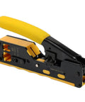 All In One RJ45 Pass Through Crimp Tool For Cat5e Cat6 Cat6a Data Cables with Built In Wire Stripper, yellow handle