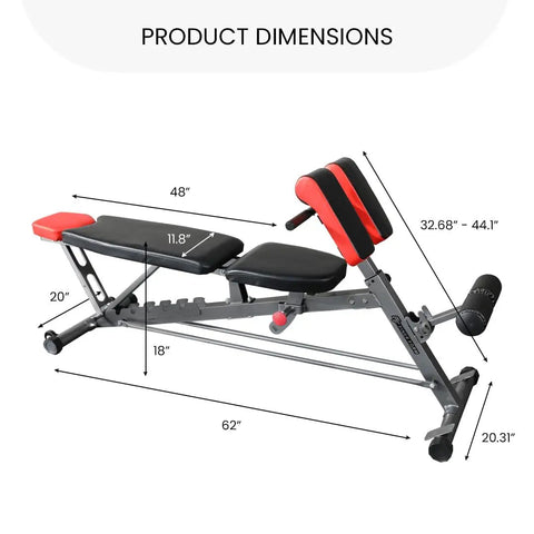 Dimensions of All-In-One Weight Bench For Full-Body Home Gym With Hyper Back Extension, Roman Chair, Adjustable Sit-Up Bench shown.